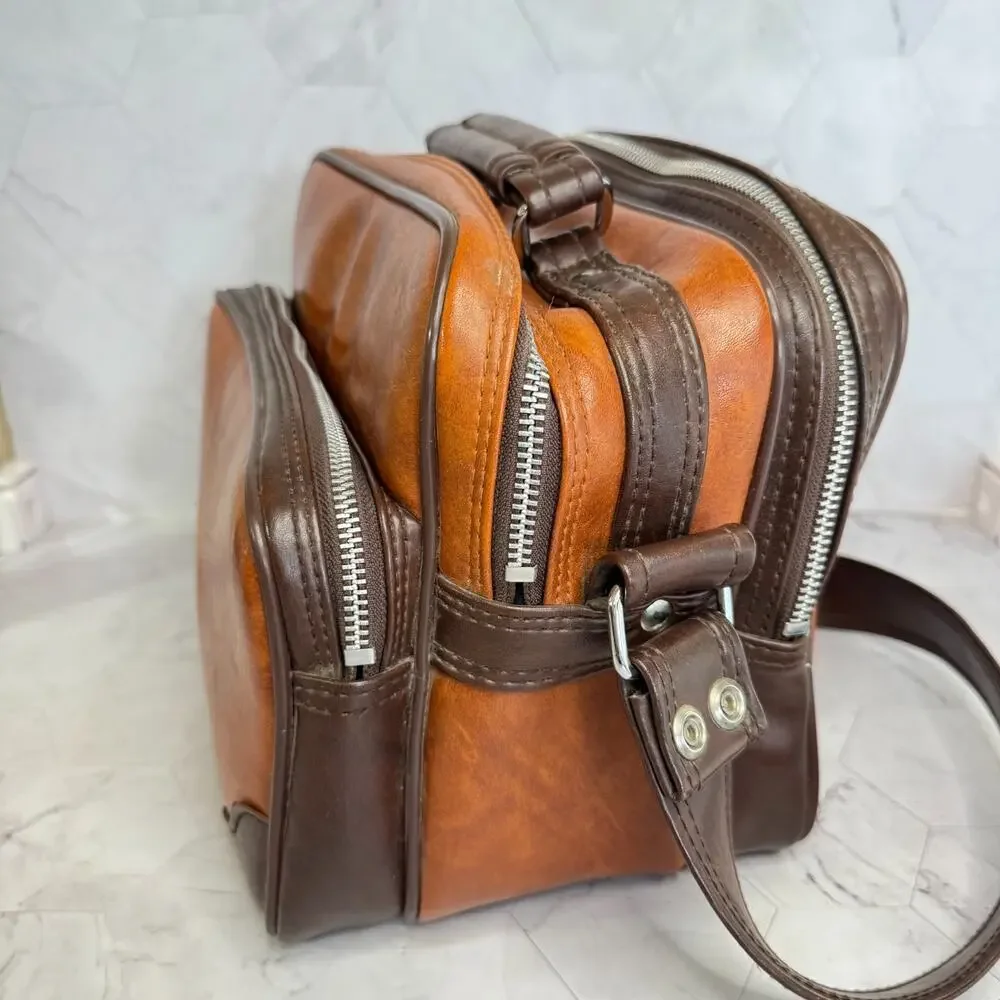 Vintage Camera Bag Two Tone Brown Shoulder Strap Taiwan ROC Retro 70s Synthetic